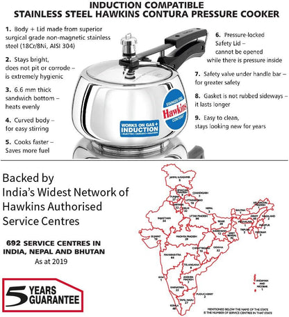 Hawkins Contura Stainless Steel Pressure Cooker, 5.0 Liter Capacity