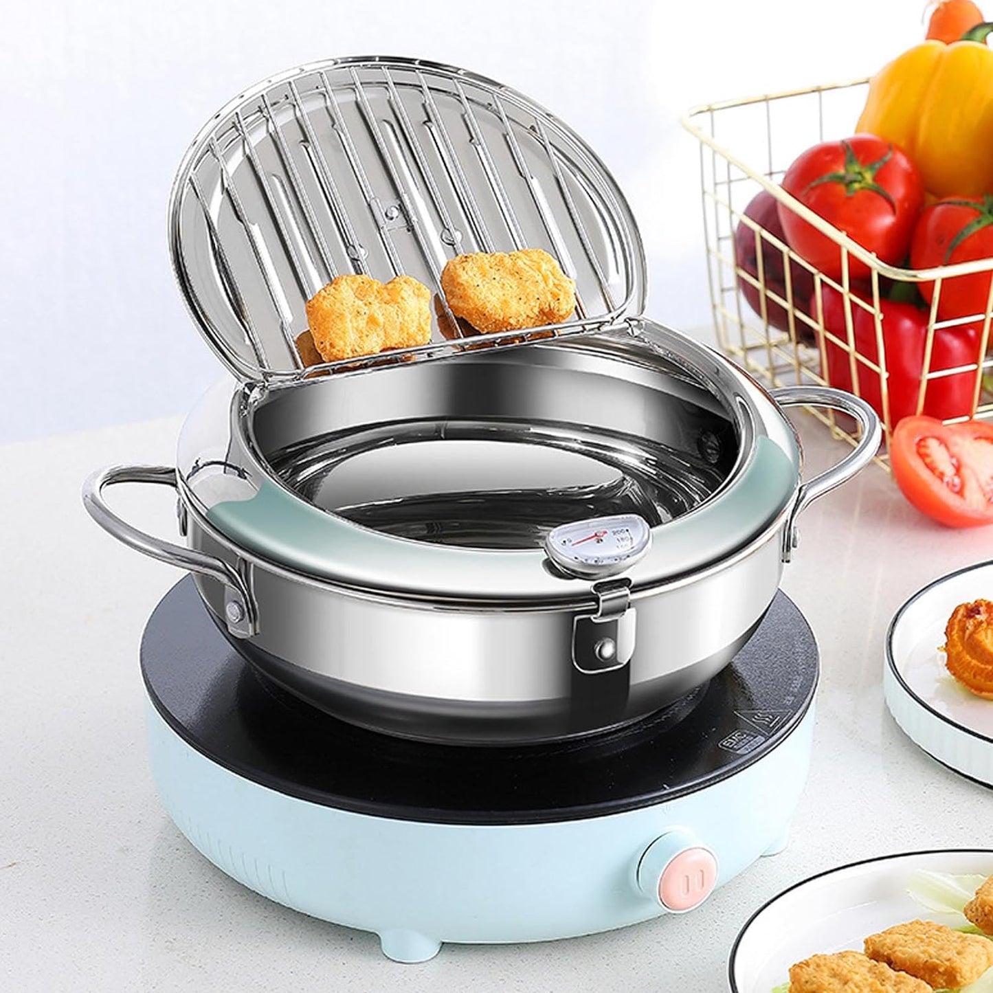 Deep Fryer Pot, 28cm Janpanse Style Tempura Frying Pot with Thermometer, Lid and Oil Drip Drainer Rack, Stainless Steel Non Stick Mini Deep Fryer for French Fries Chicken Wings