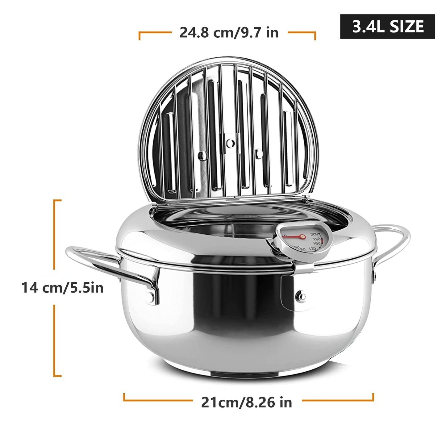 Deep Fryer Pot, Small Tempura Deep Fryer Stainless Steel Japanese Frying Pot with Thermometer, Lid and Oil Drip Drainer Rack for Home Kitchen French Fries Shrimp Chicken Wings and Shrimp(3.4L, 24CM)