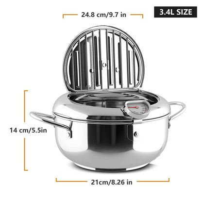 Deep Fryer Pot, Small Tempura Deep Fryer Stainless Steel Japanese Frying Pot with Thermometer, Lid and Oil Drip Drainer Rack for Home Kitchen French Fries Shrimp Chicken Wings and Shrimp(3.4L, 24CM)