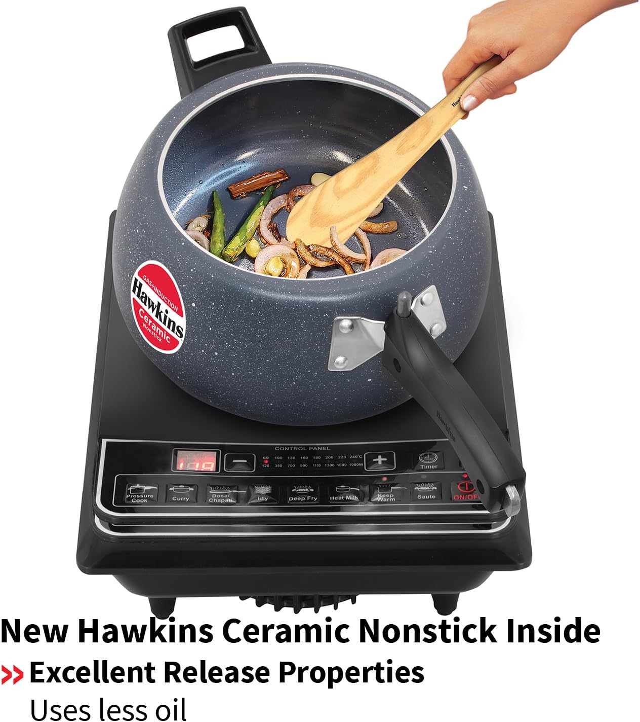 Hawkins 5 Litre Ceramic Nonstick Pressure Cooker, Induction Inner Lid, Granite Contura Shaped, Best Cooker, Blue (ICC50)