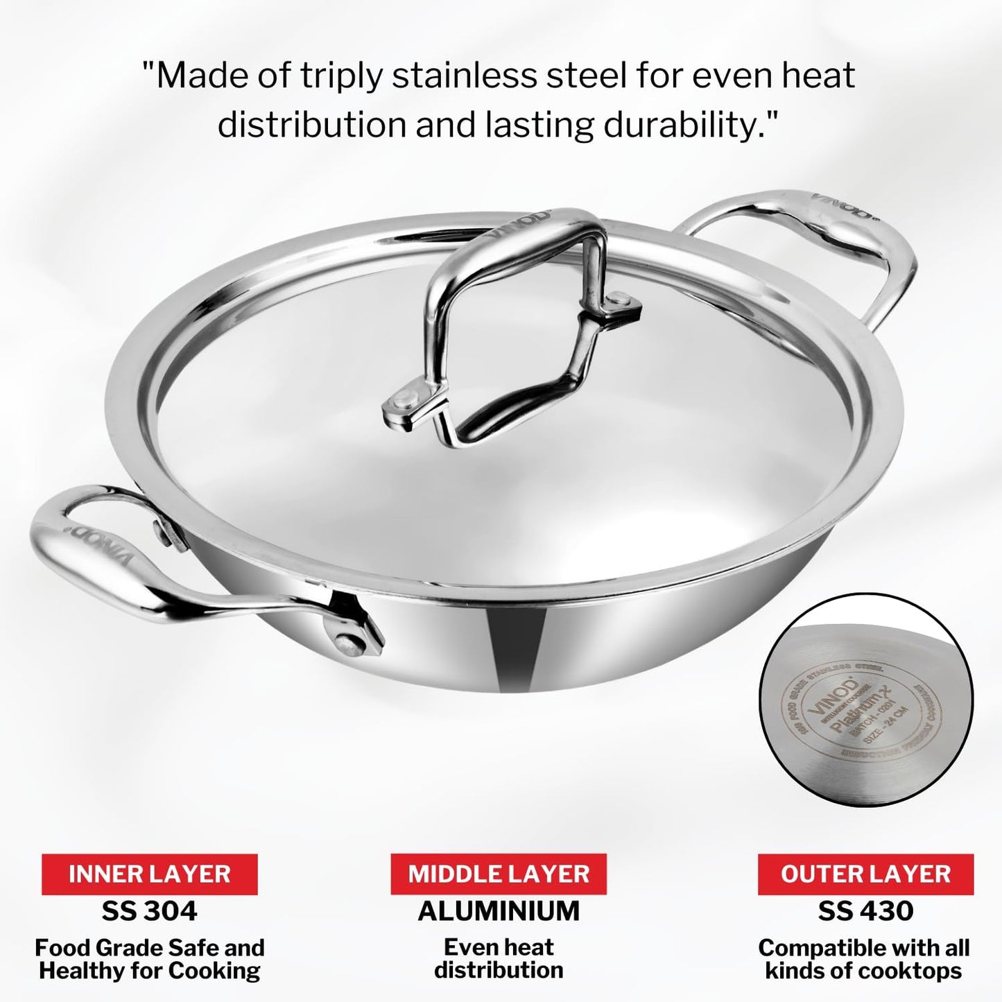 Vinod SAS Pro Platinum Triply Stainless Steel Extra Deep with Lid - 4.8 Litre, 28 cm | Stick Free Kadai for Cooking, Hexa Design Inside, Metal Spoon Safe, Gas & Induction Base, PFOA Free