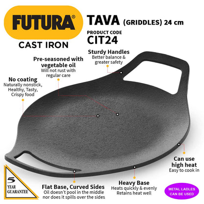 Hawkins Futura 24 cm Cast Iron Tava, Cast Iron Tawa for Roti, Cast Iron Cookware for Kitchen, Black (CIT24)