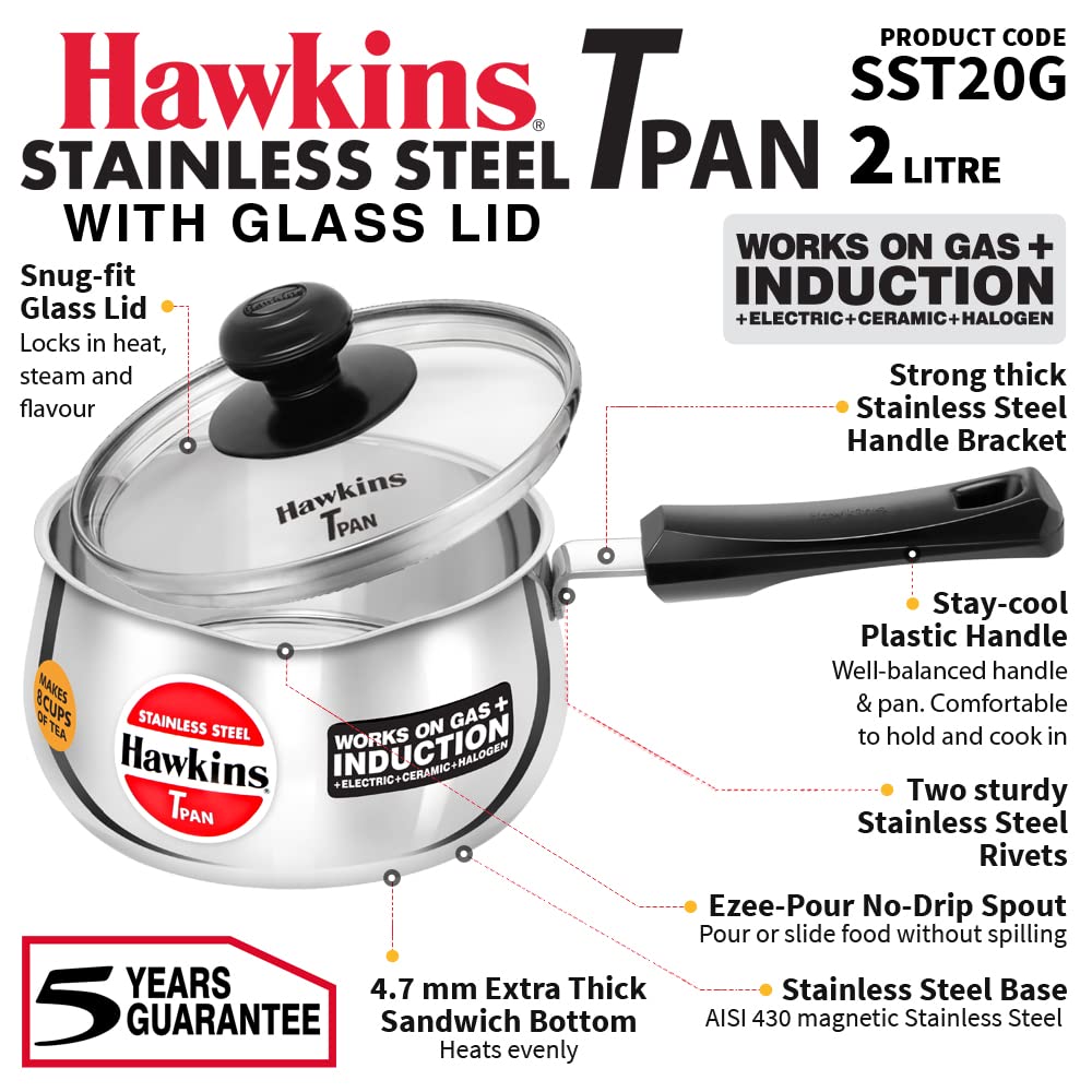Hawkins Futura Steel Tea Pan with Glass Lid, 2.0 Litre Capactiy, Silver