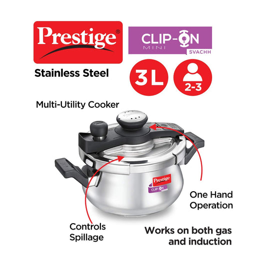 Prestige Svachh Clip-On Stainless Steel Outer Lid Pressure Handi, 3 litre , Silver