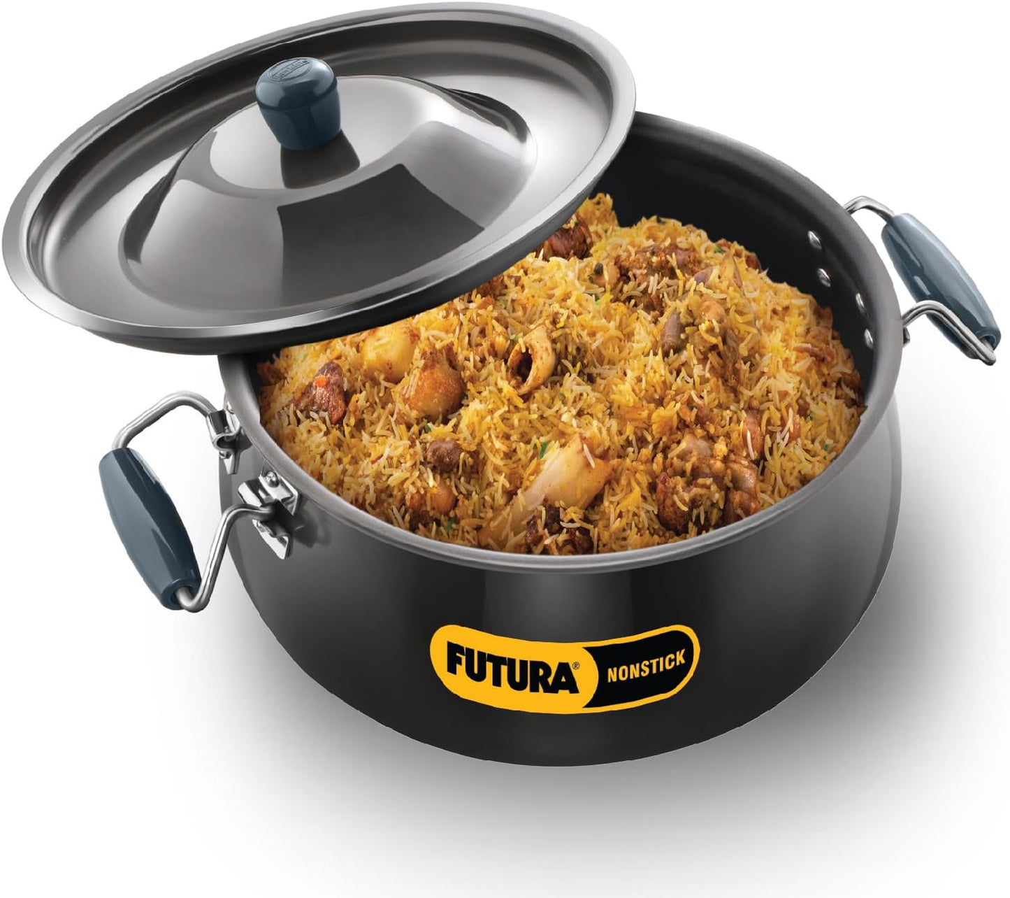 Hawkins Futura 12 Litre BigBoy Biryani Handi, Non Stick Pot with Hard Anodised Lid, Sauce Pan for Cooking and Serving Biriyani, Black (NBH12) Aluminium