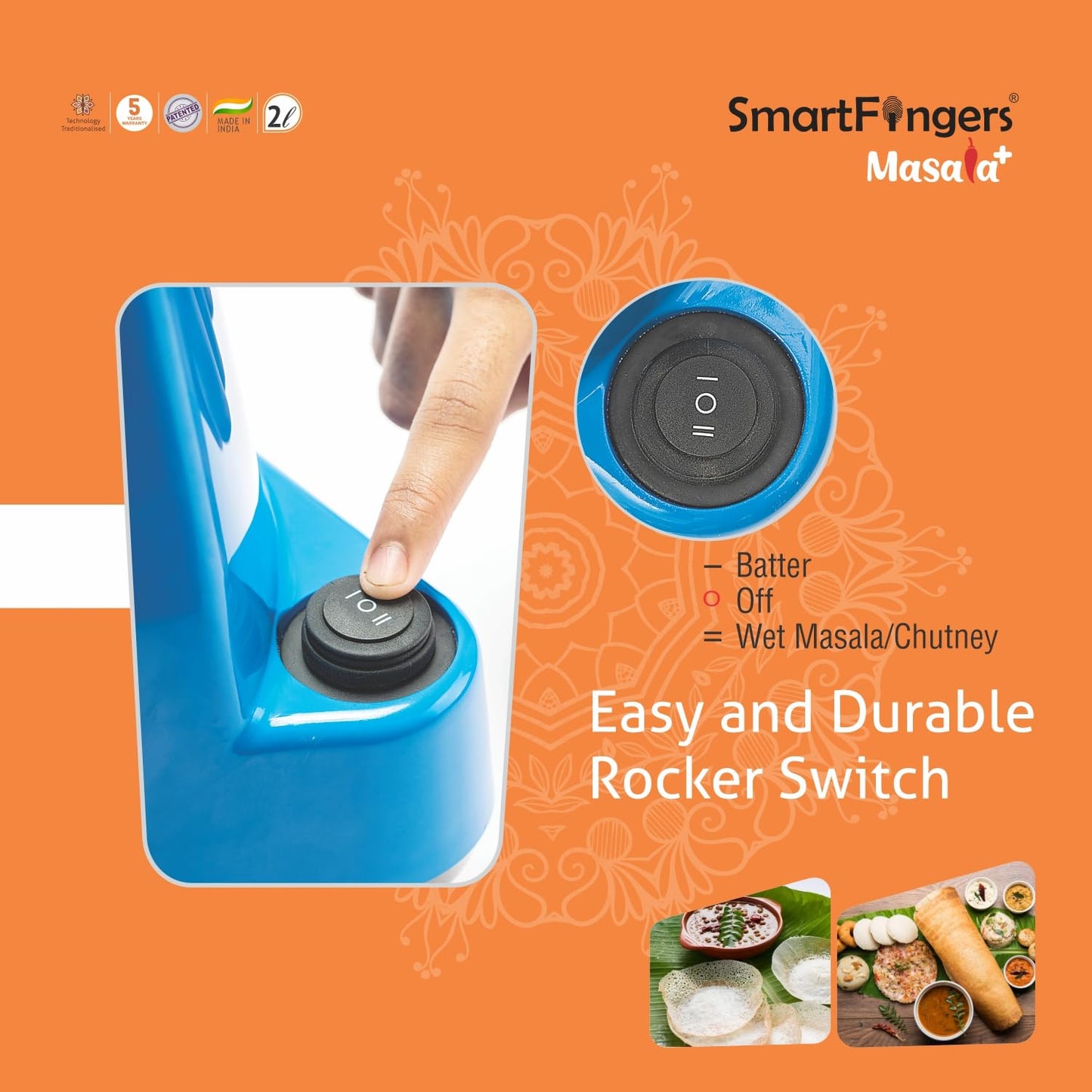 SmartFingers Masala + Table Top Masala and Batter Wet Grinder 230V 50hz, 2 Liter, Blue