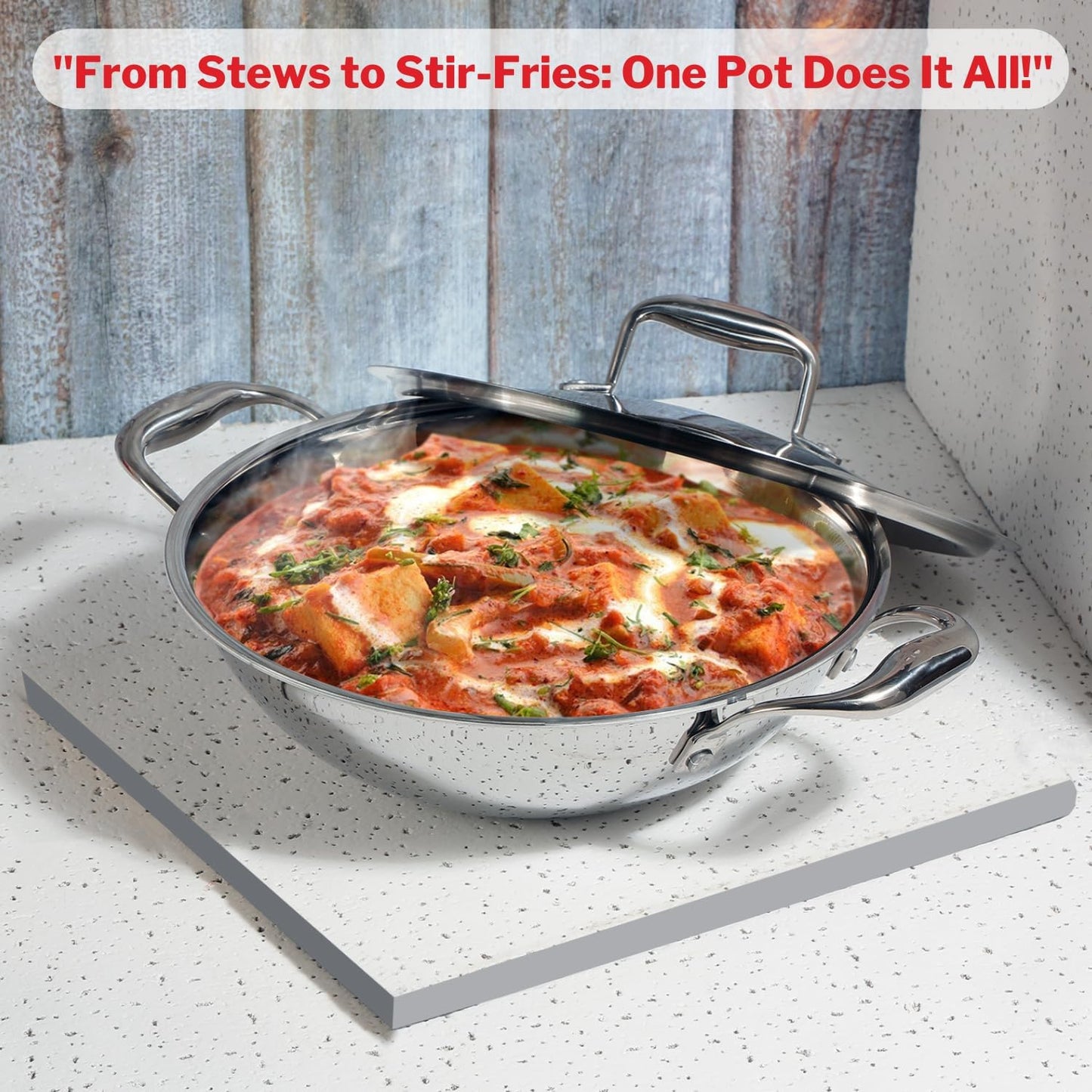 Vinod SAS Pro Platinum Triply Stainless Steel Extra Deep with Lid - 4.8 Litre, 28 cm | Stick Free Kadai for Cooking, Hexa Design Inside, Metal Spoon Safe, Gas & Induction Base, PFOA Free