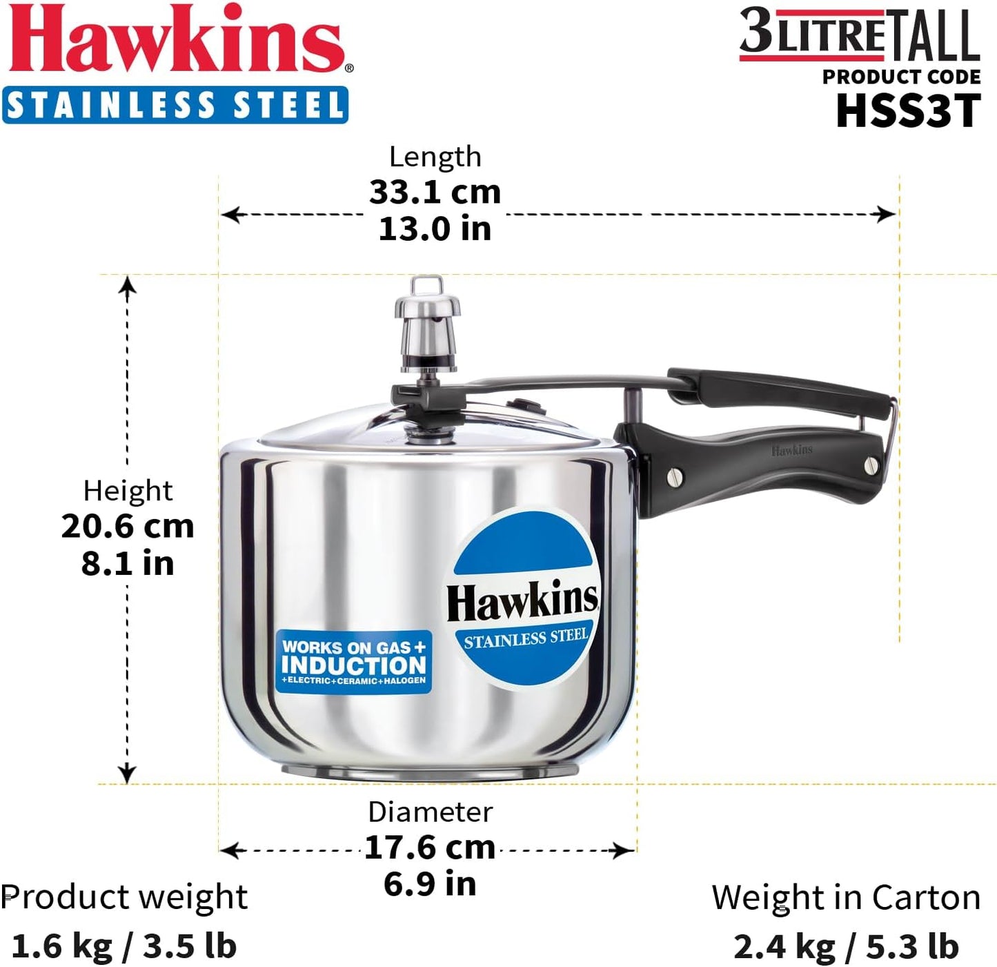 Hawkins Stainless Steel Tall Pressure Cooker, 3 Litre Capacity