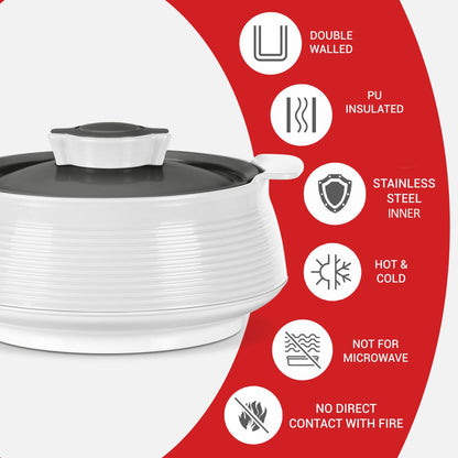 MILTON Venice 1500 Insulated Inner Stainless Steel Casserole, 1.35 litres, Micro White | BPA Free | Food Grade | Easy to Carry | Easy to Store | Ideal for Chapatti | Roti | Curd Maker