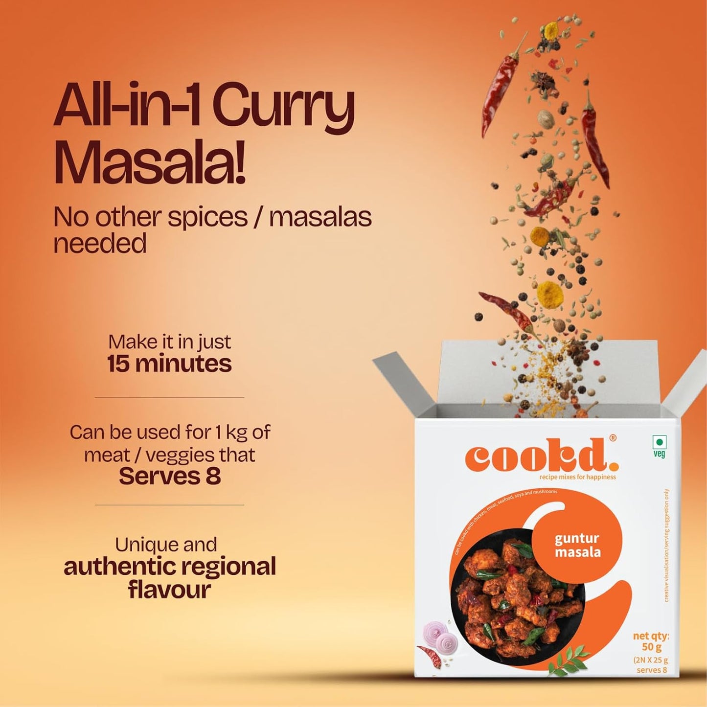 Cookd Guntur Masala 50g (Pack of 2) | Ready To Cook in 15 Minutes | Can be cooked with Paneer, Vegetables, Chicken, Fish & Meat | No Added Flavours, Preservatives & Artificial Colors