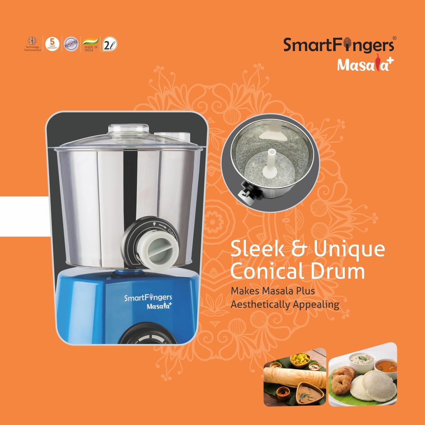 SmartFingers Masala + Table Top Masala and Batter Wet Grinder 230V 50hz, 2 Liter, Blue