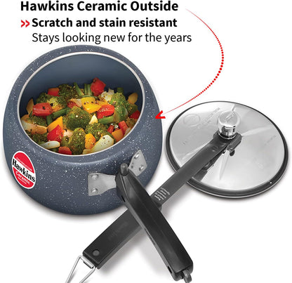 Hawkins 3 Litre Ceramic Nonstick Pressure Cooker, Induction Inner Lid Cooker, Granite Contura shaped Cooker, Best Cooker, Blue (ICC30)