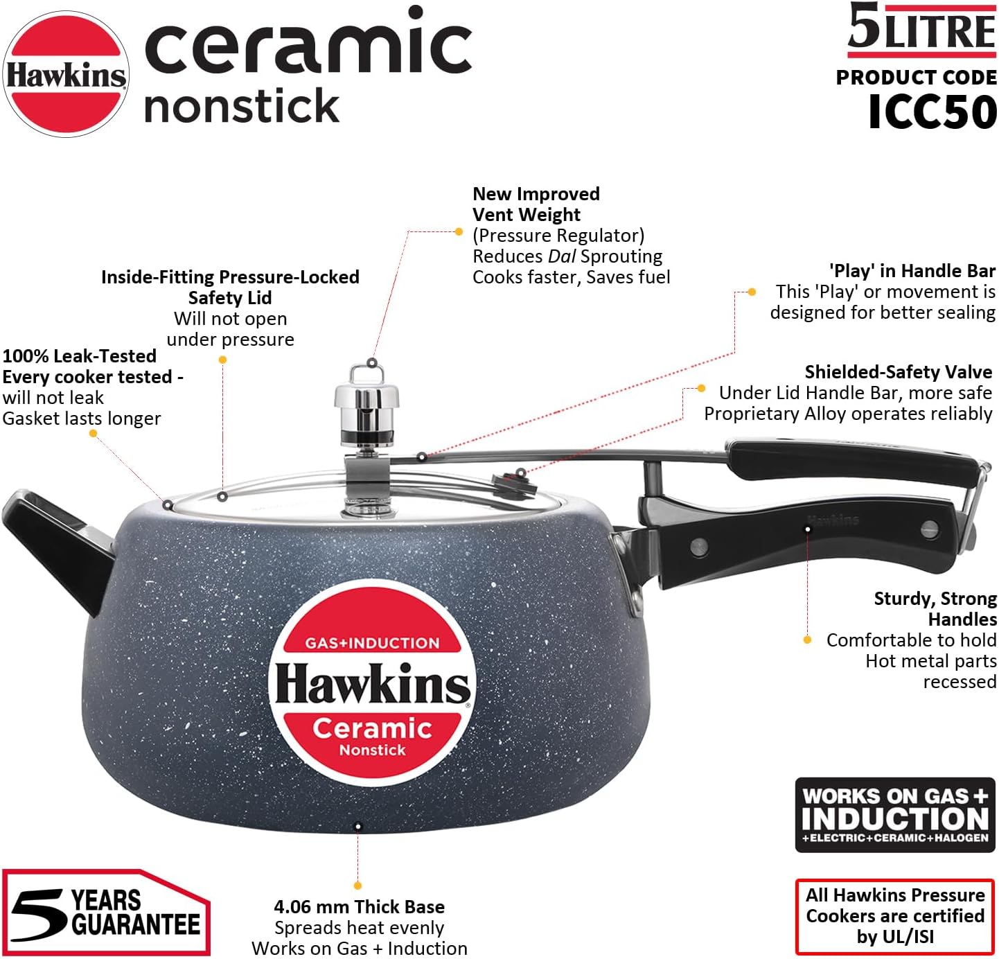 Hawkins 5 Litre Ceramic Nonstick Pressure Cooker, Induction Inner Lid, Granite Contura Shaped, Best Cooker, Blue (ICC50)