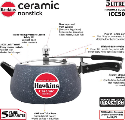 Hawkins 5 Litre Ceramic Nonstick Pressure Cooker, Induction Inner Lid, Granite Contura Shaped, Best Cooker, Blue (ICC50)