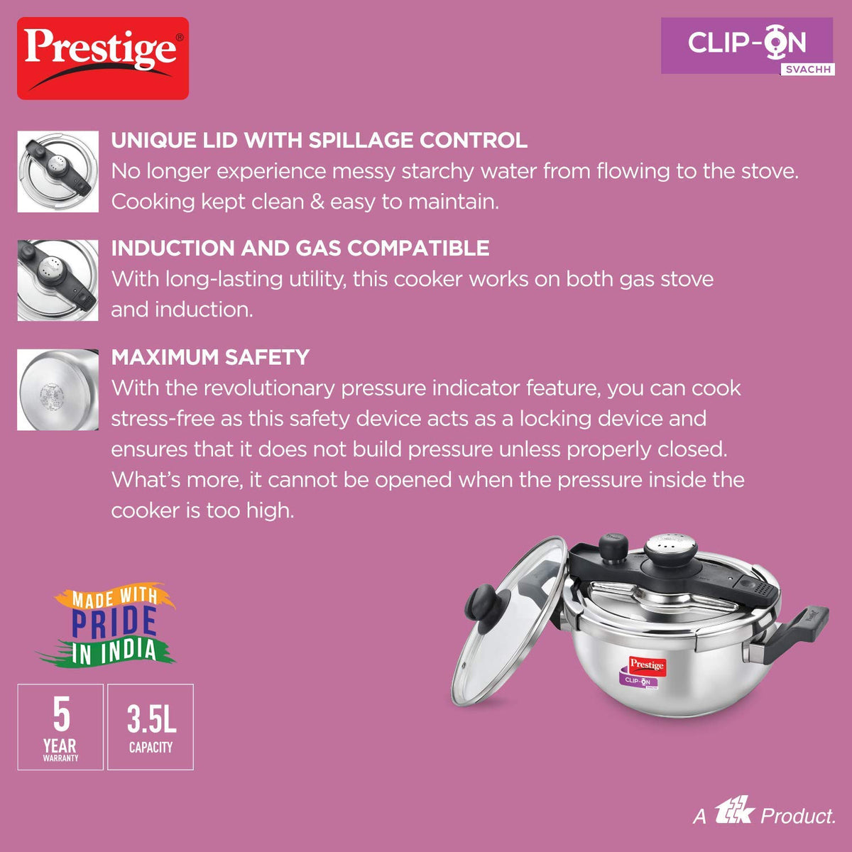 Prestige Svachh Clip-On 3.5 Litre Stainless Steel Outer Lid Pressure Kadai, 3.5 Liter