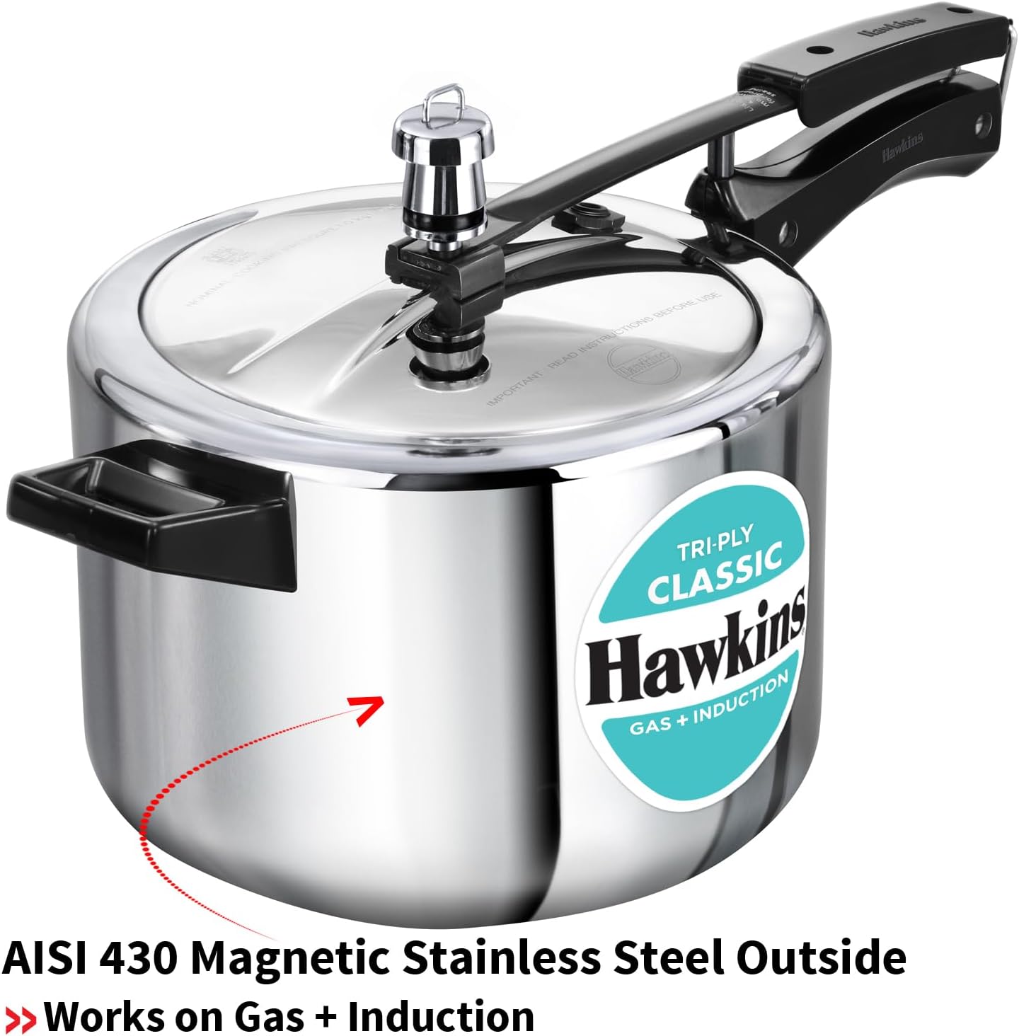 Hawkins Classic 5 Litre Tri-Ply Pressure Cooker, Triply Stainless Steel Inner Lid Cooker, Silver (SSTCL50)