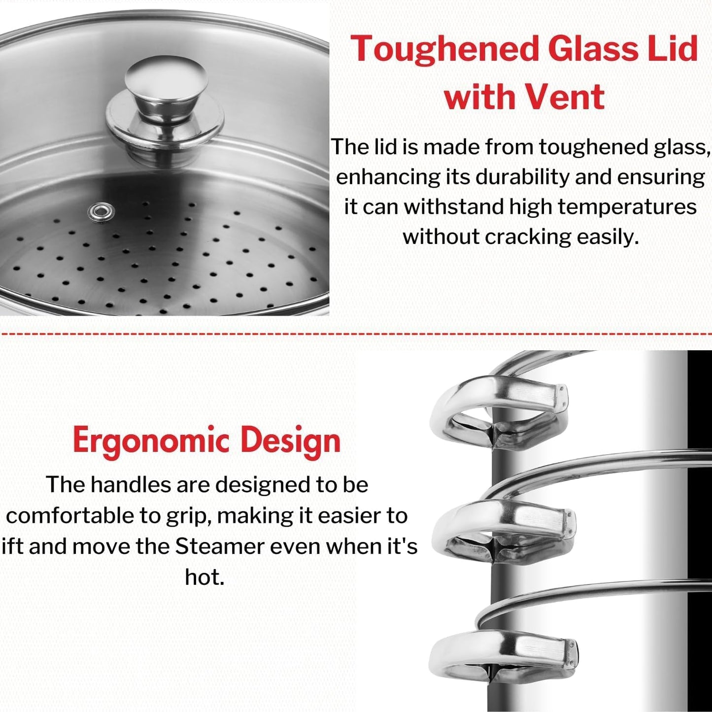 3 Tier Steamer Cooking Pan for Induction Hob, Food and Vegetable Steamer with Vented Glass Lid - 24 CM