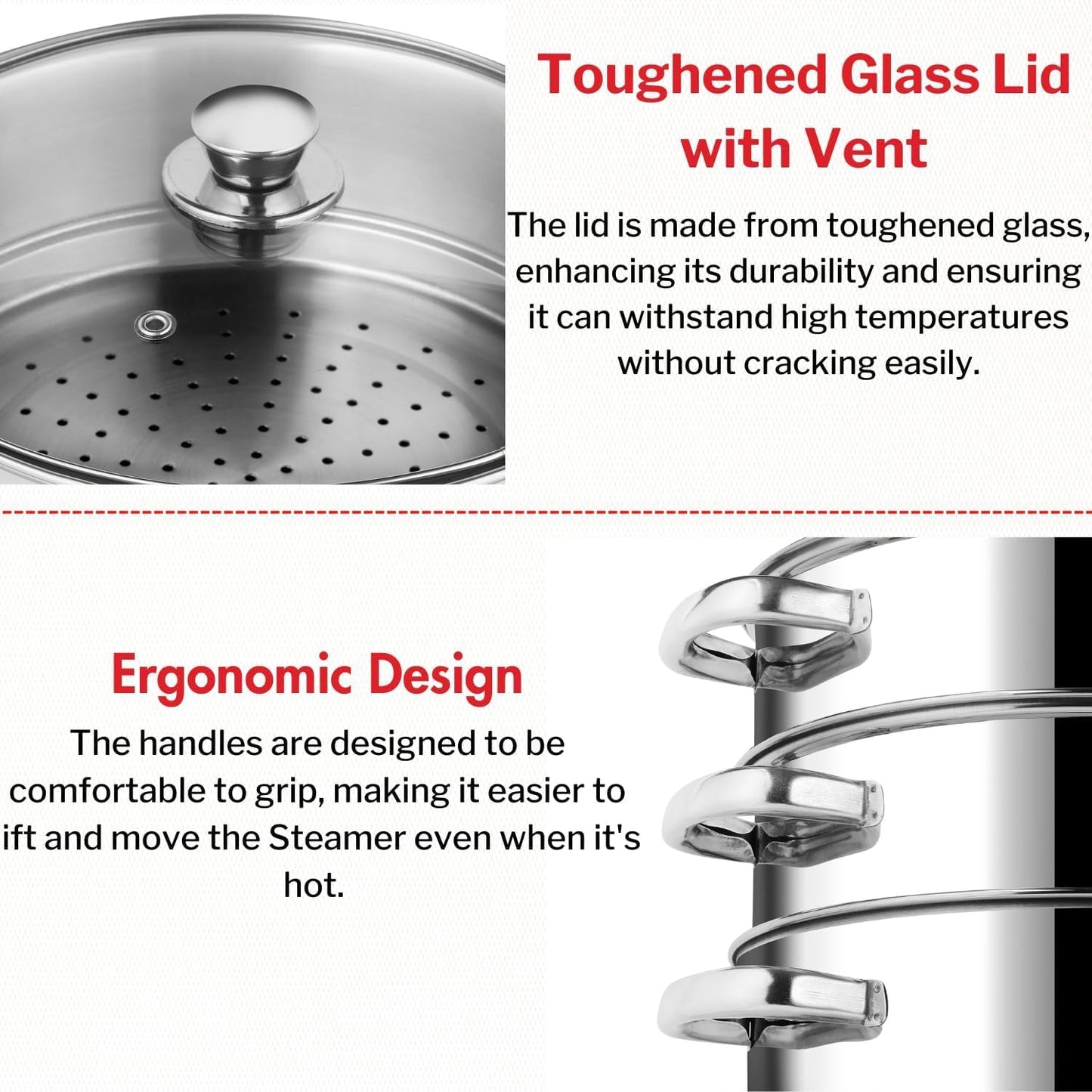 3 Tier Steamer Cooking Pan for Induction Hob, Food and Vegetable Steamer with Vented Glass Lid - 24 CM