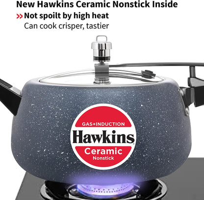 Hawkins 5 Litre Ceramic Nonstick Pressure Cooker, Induction Inner Lid, Granite Contura Shaped, Best Cooker, Blue (ICC50)