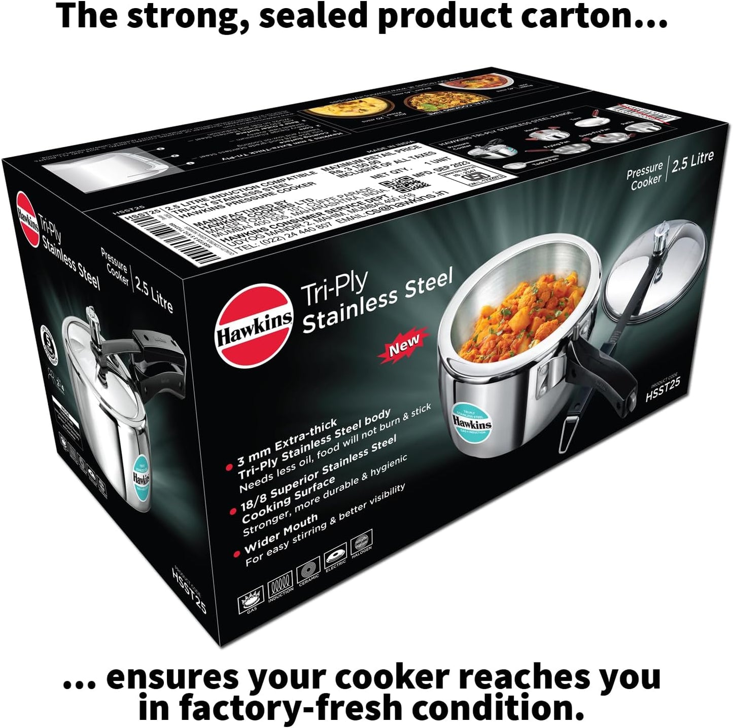 Hawkins 2.5 Litre Triply Stainless Steel Pressure Cooker, Inner Lid Cooker, Silver (HSST25)