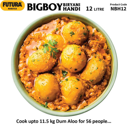 Hawkins Futura 12 Litre BigBoy Biryani Handi, Non Stick Pot with Hard Anodised Lid, Sauce Pan for Cooking and Serving Biriyani, Black (NBH12) Aluminium