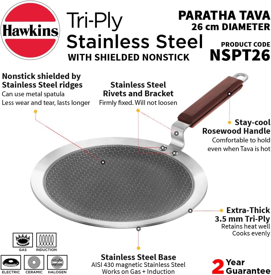 Hawkins Paratha Tawa, Triply Stainless Steel Shielded Nonstick Tawa with Rosewood Handle, Honeycomb Non Stick Induction Tawa, Silver 24 cm / 26 cm (NSPT24) (NSPT26)