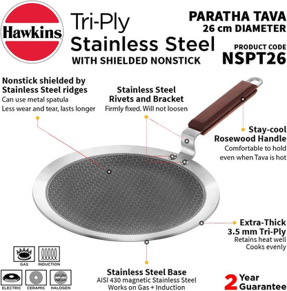 Hawkins Paratha Tawa, Triply Stainless Steel Shielded Nonstick Tawa with Rosewood Handle, Honeycomb Non Stick Induction Tawa, Silver 24 cm / 26 cm (NSPT24) (NSPT26)