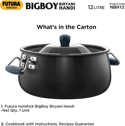 Hawkins Futura 12 Litre BigBoy Biryani Handi, Non Stick Pot with Hard Anodised Lid, Sauce Pan for Cooking and Serving Biriyani, Black (NBH12) Aluminium
