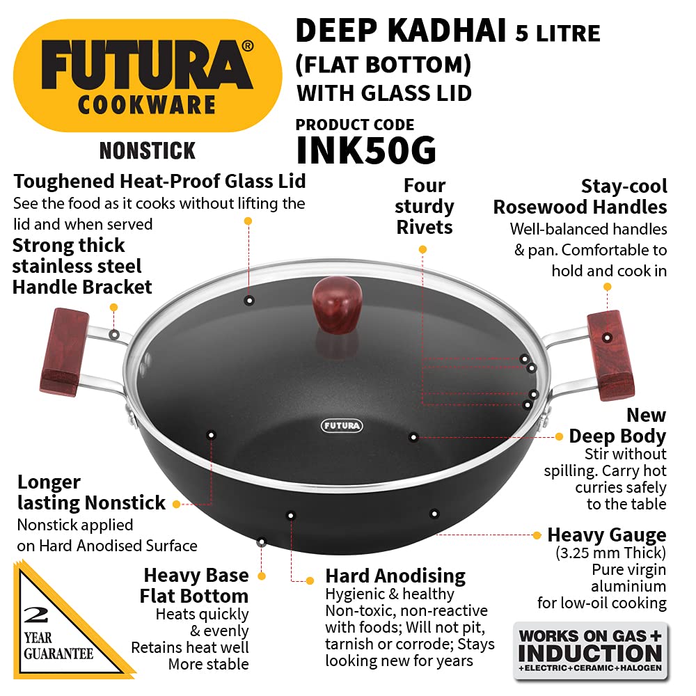 Futura INK50G Kadai, 5 Litre, Black - Induction / 2 Liters / Induction + Glass Lid