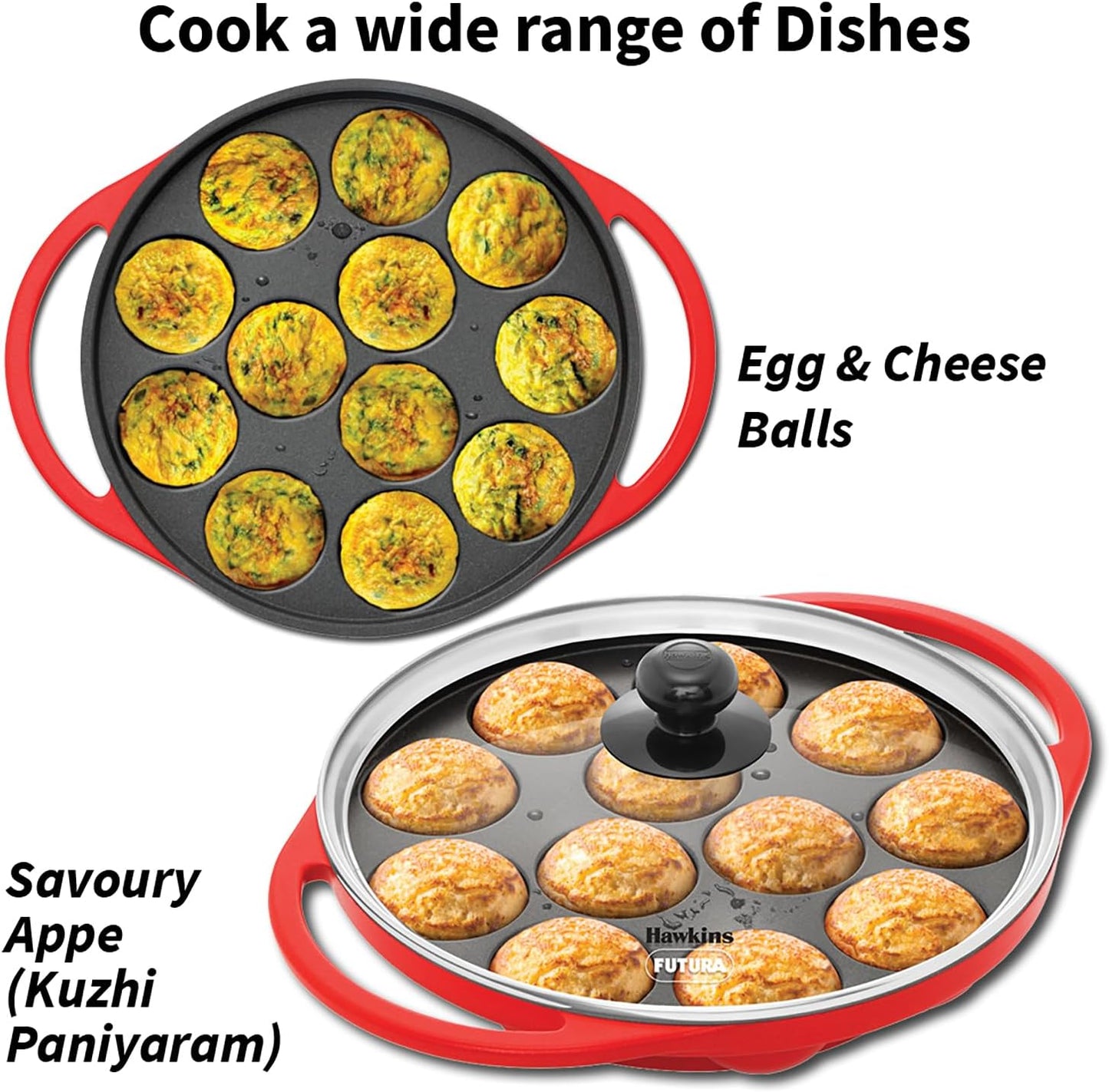 HAWKINS Futura Pan-NAPE26G Appe, Non Stick Glass Lid, Paniyarakkal Ceramic, Litti, Kuzhi Paniyaram, Ponganalu Pan, 26 cm, Red