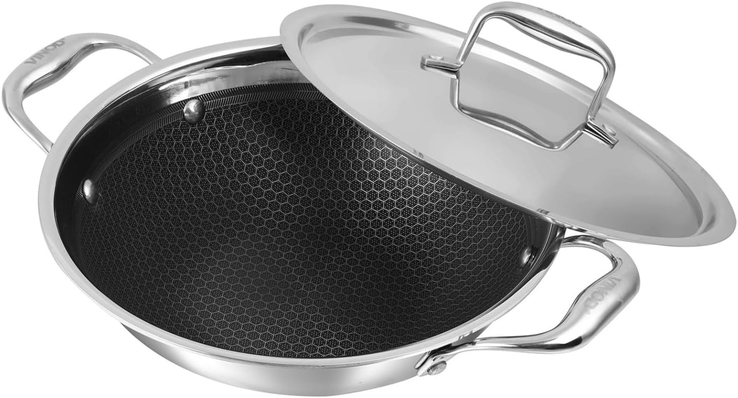 Vinod SAS Pro Platinum Triply Stainless Steel Extra Deep with Lid - 4.8 Litre, 28 cm | Stick Free Kadai for Cooking, Hexa Design Inside, Metal Spoon Safe, Gas & Induction Base, PFOA Free