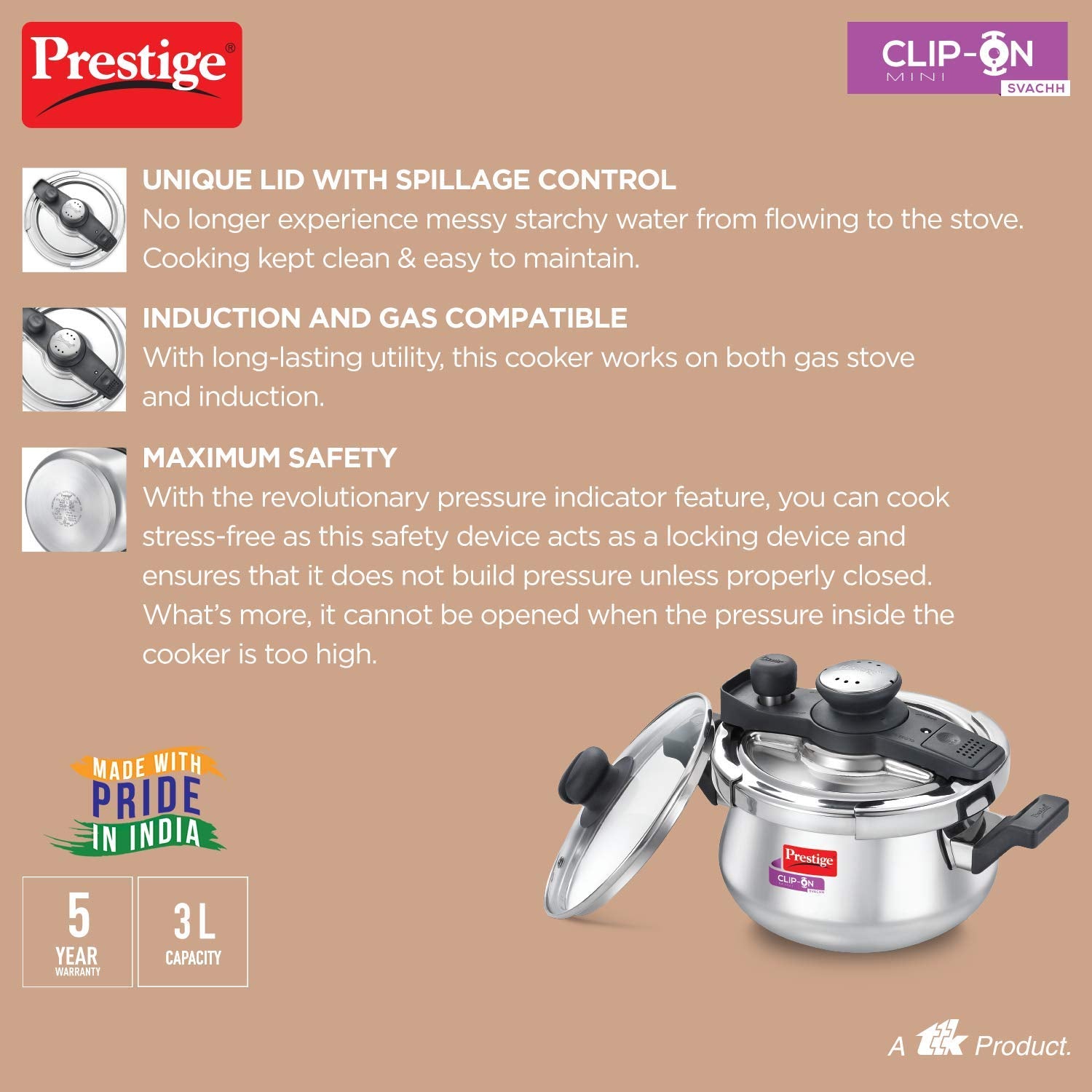 Prestige Svachh Clip-On Stainless Steel Outer Lid Pressure Handi, 3 litre , Silver
