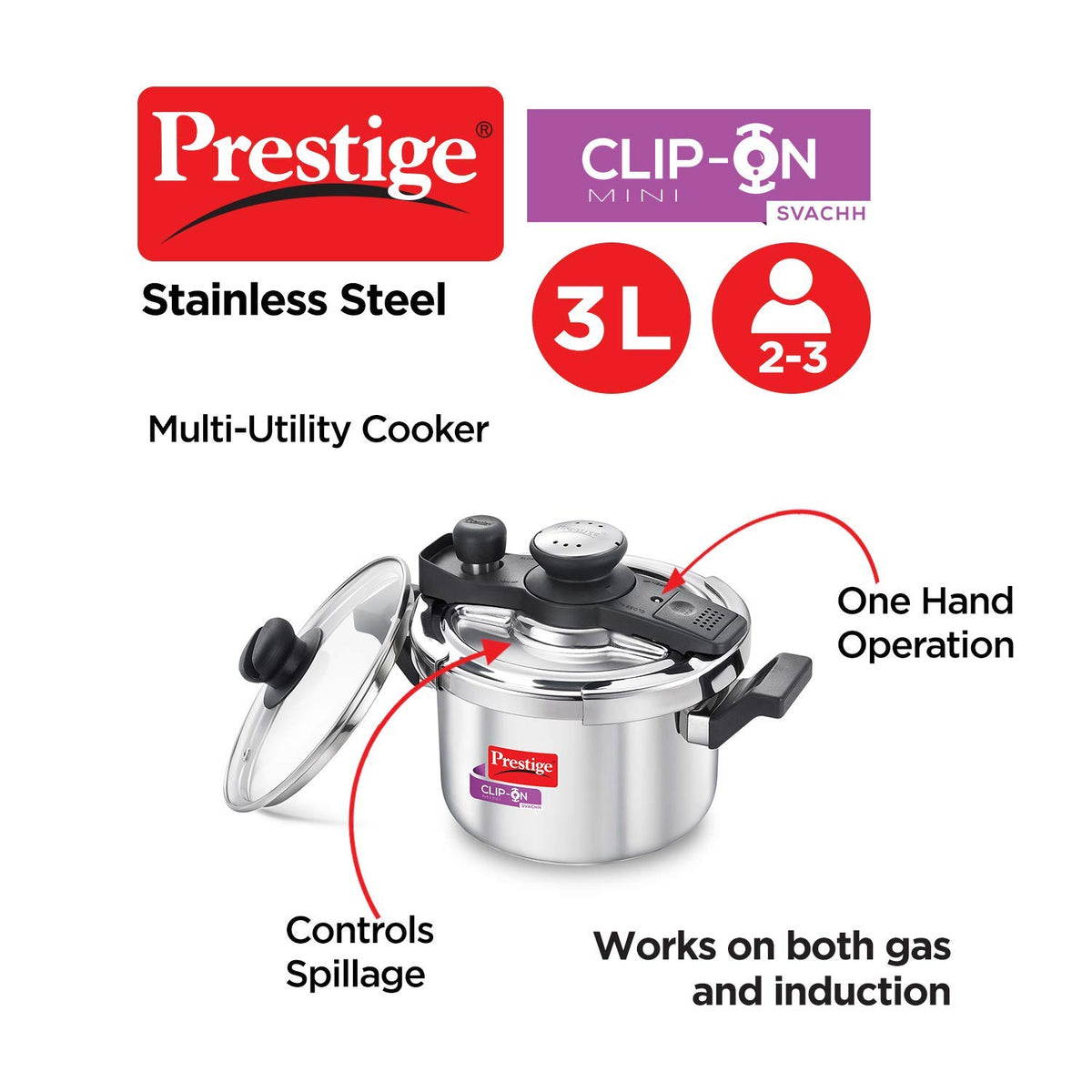 Prestige Svachh Clip-On Mini Stainless Steel 3 Litre Outer Lid Pressure Cooker, 3 Liter