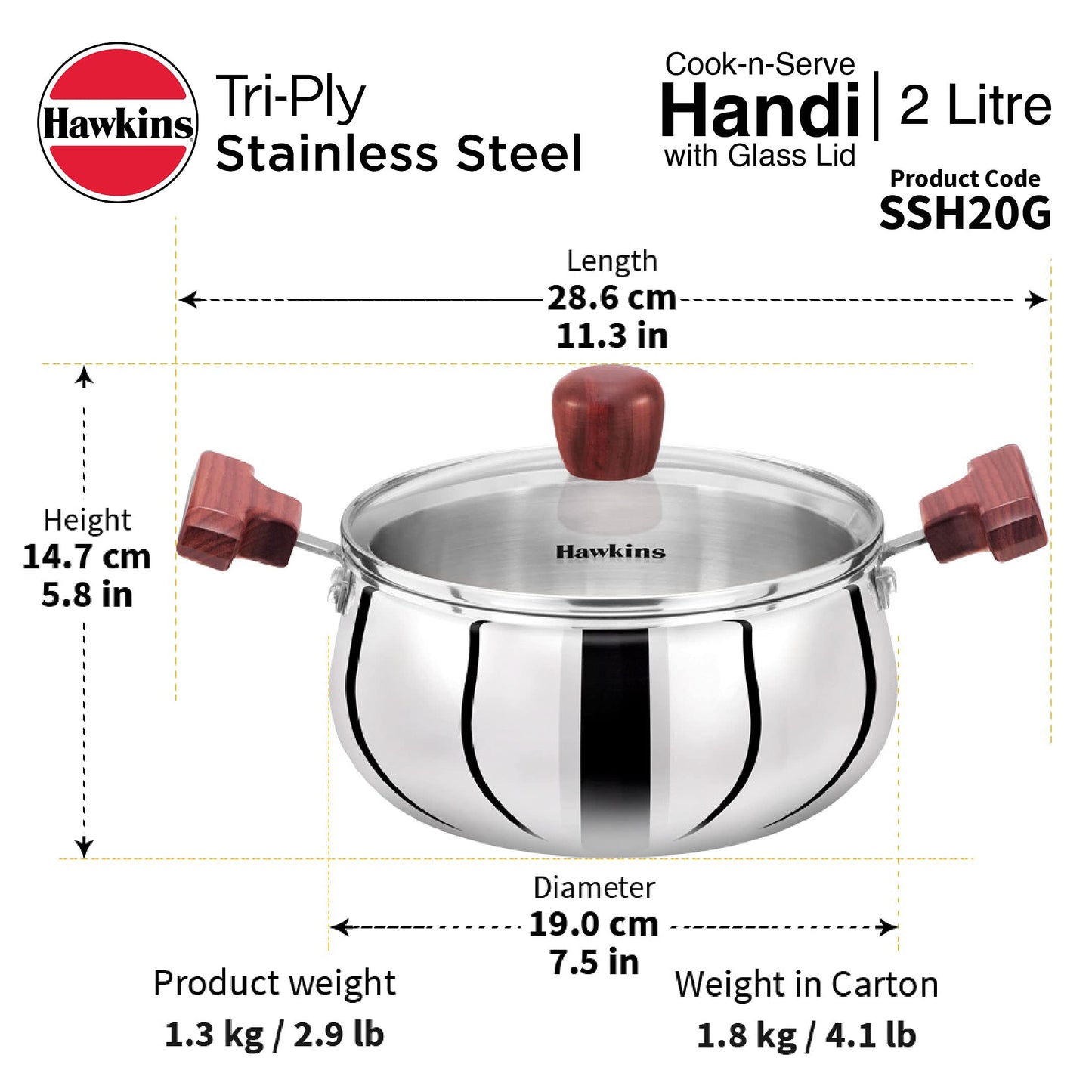 Hawkins Futura Steel Cook N Serve Handi with Glass Lid, 2.0 Litre Capacity