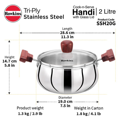 Hawkins Futura Steel Cook N Serve Handi with Glass Lid, 2.0 Litre Capacity