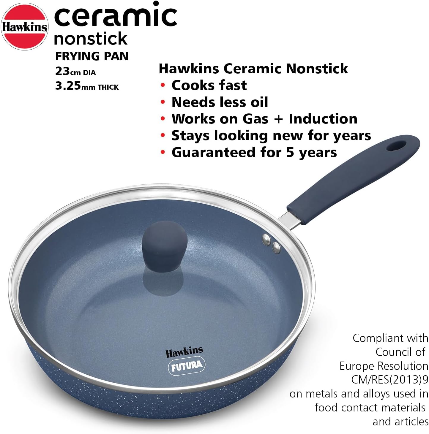 Hawkins Ceramic Nonstick Frying Pan, 24 cm Diameter, Induction Fry Pan with Glass Lid, Granite Omlette Egg Pan, Fish Pan (ICF24G)