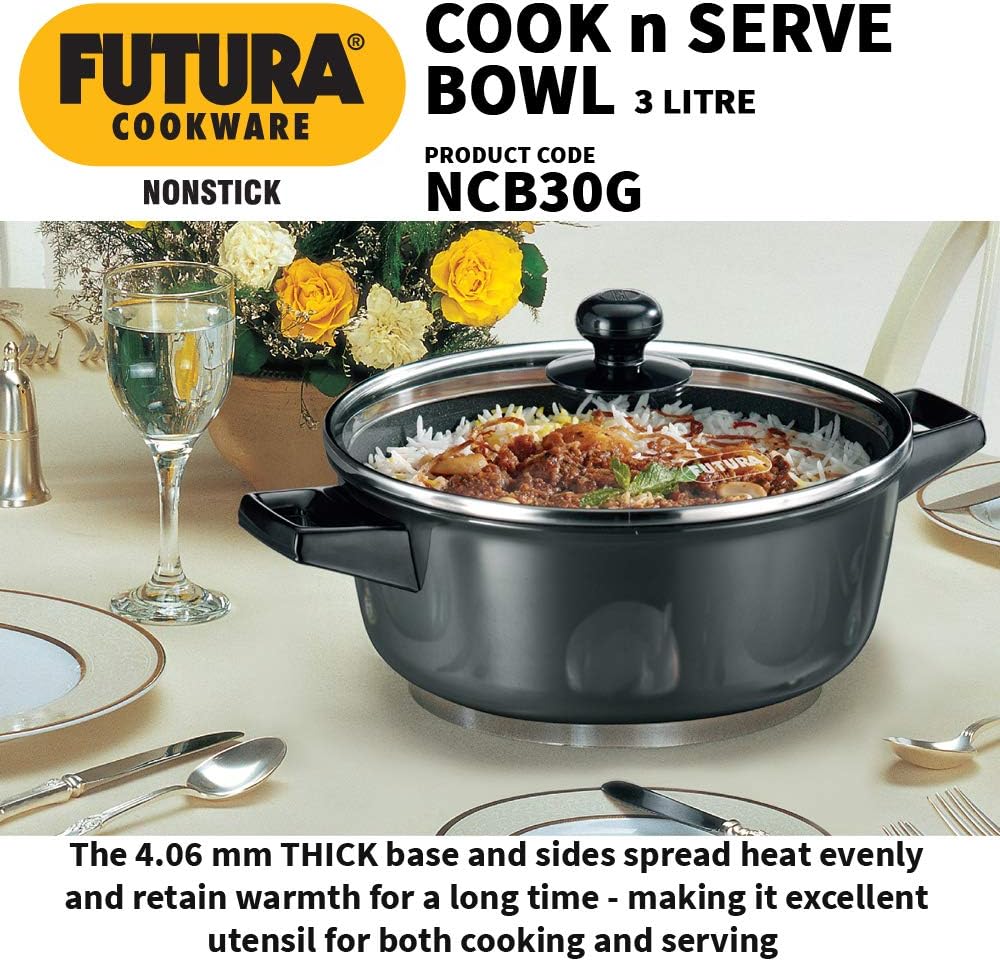 Hawkins Futura Non-Stick Cook-N-Serve Bowl with Glass Lid, 3 Litre Capacity NCB30G
