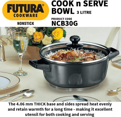 Hawkins Futura Non-Stick Cook-N-Serve Bowl with Glass Lid, 3 Litre Capacity NCB30G
