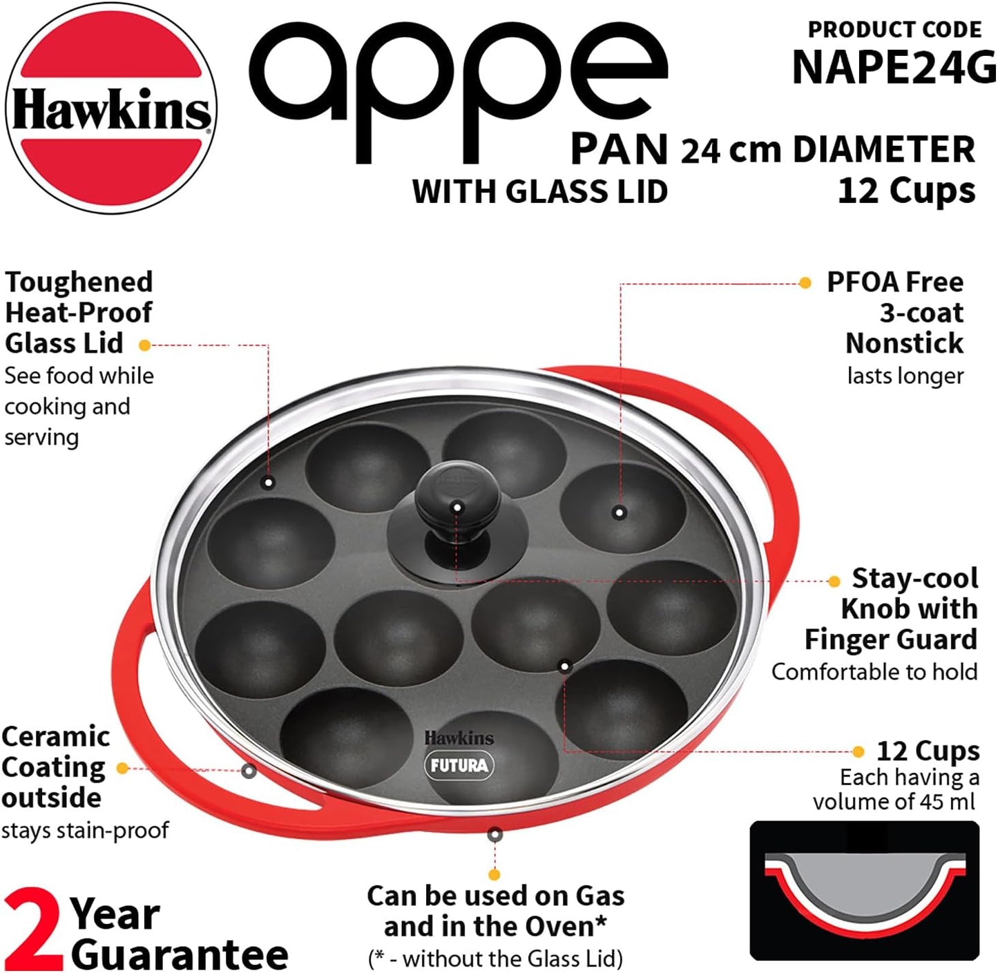 HAWKINS Futura Pan-NAPE26G Appe, Non Stick Glass Lid, Paniyarakkal Ceramic, Litti, Kuzhi Paniyaram, Ponganalu Pan, 26 cm, Red