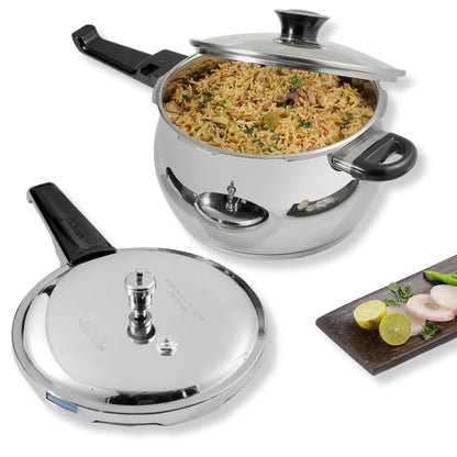 Vinod Splendid Plus Stainless Steel Outer Lid Pressure Cooker 3.5 Litre | Handi Cooker with SAS Bottom & Extra Glass Lid | Induction & Gas Compatible | ISI & CE Certified