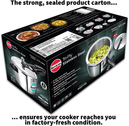 Hawkins 4.5 Litre Triply Stainless Steel Pressure Cooker, Inner Lid Cooker, Silver (HSST45)