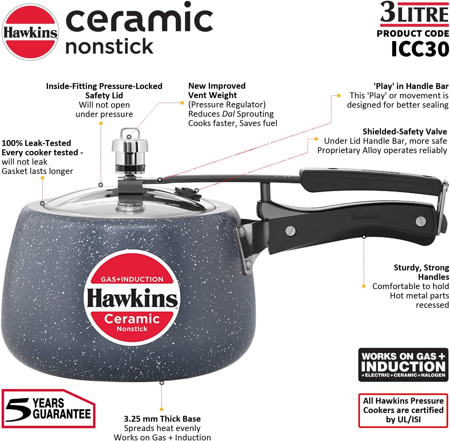 Hawkins 3 Litre Ceramic Nonstick Pressure Cooker, Induction Inner Lid Cooker, Granite Contura shaped Cooker, Best Cooker, Blue (ICC30)