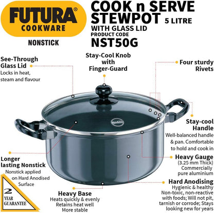 Hawkins Non-Stick Cook-N-Serve Stewpot with Glass Lid 3L , 5L