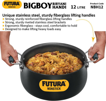 Hawkins Futura 12 Litre BigBoy Biryani Handi, Non Stick Pot with Hard Anodised Lid, Sauce Pan for Cooking and Serving Biriyani, Black (NBH12) Aluminium