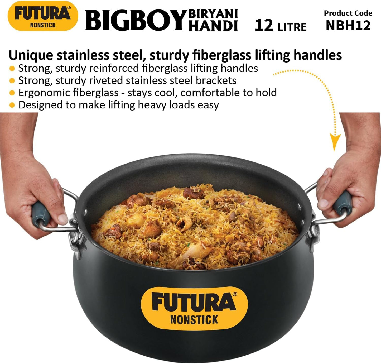 Hawkins Futura 12 Litre BigBoy Biryani Handi, Non Stick Pot with Hard Anodised Lid, Sauce Pan for Cooking and Serving Biriyani, Black (NBH12) Aluminium