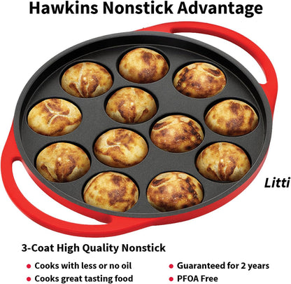 HAWKINS Futura Pan-NAPE26G Appe, Non Stick Glass Lid, Paniyarakkal Ceramic, Litti, Kuzhi Paniyaram, Ponganalu Pan, 26 cm, Red