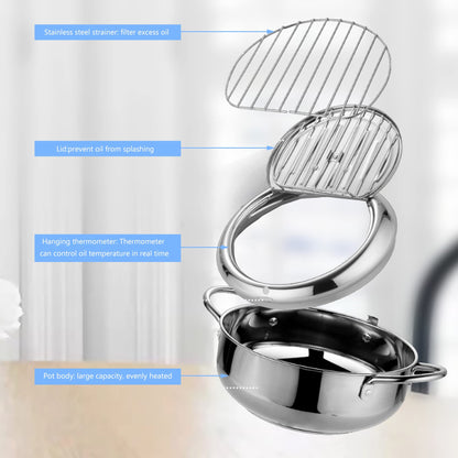 Deep Fryer Pot, Small Tempura Deep Fryer Stainless Steel Japanese Frying Pot with Thermometer, Lid and Oil Drip Drainer Rack for Home Kitchen French Fries Shrimp Chicken Wings and Shrimp(3.4L, 24CM)