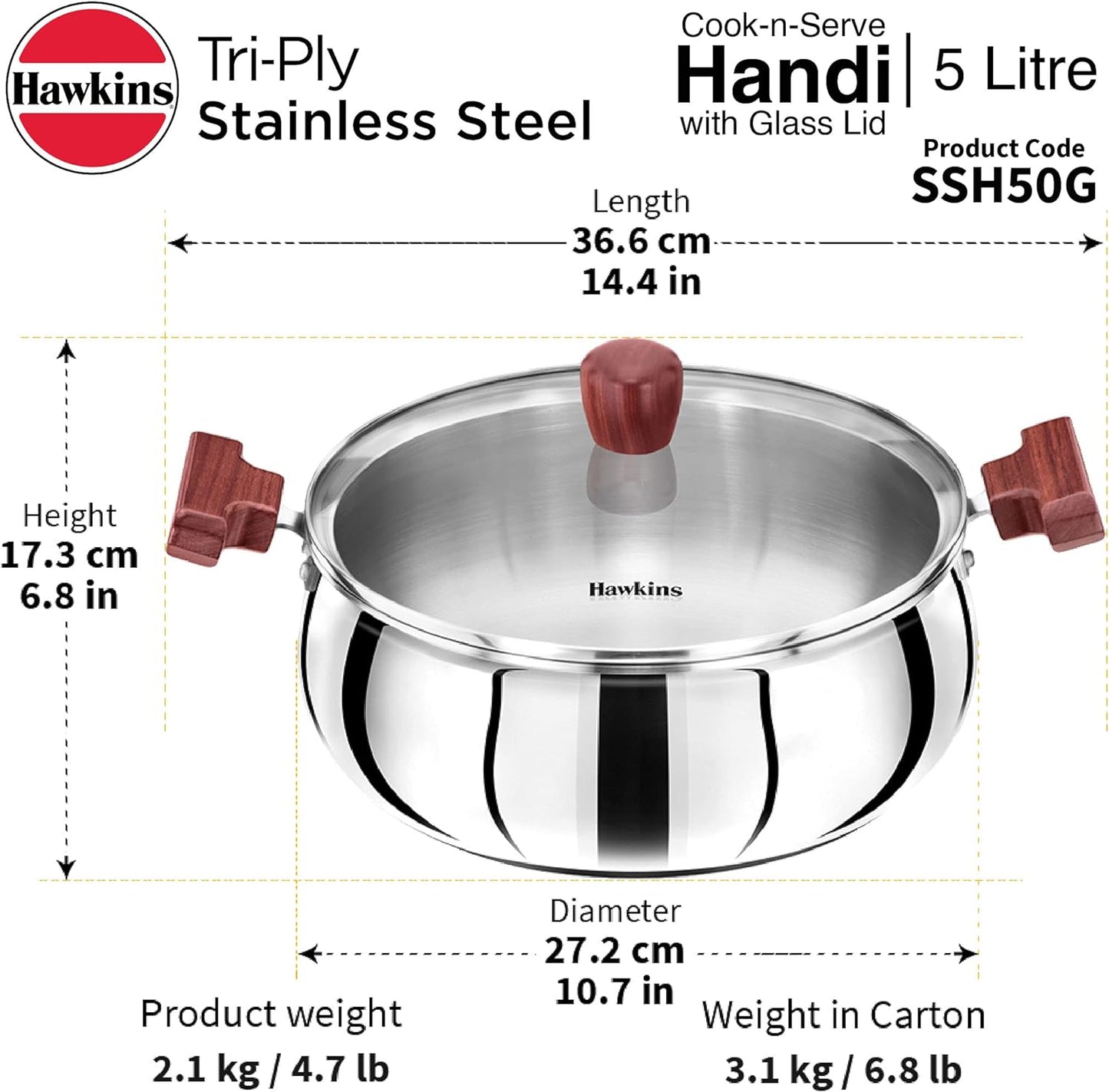 Hawkins Futura Steel Cook N Serve Handi with Glass Lid, 5.0 Litre Capacity