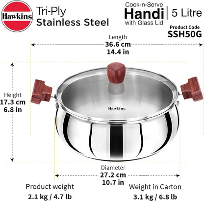 Hawkins Futura Steel Cook N Serve Handi with Glass Lid, 5.0 Litre Capacity